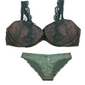 Victorias Secrets Dream Angels Olive Mesh Lace Push Up Bra Set
